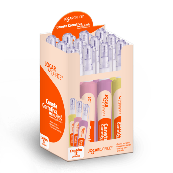 MINI CORRETIVO CANETA 4ML CORPO COLORIDO - DISPLAY C/ 12 UND JOCAR OFFICE